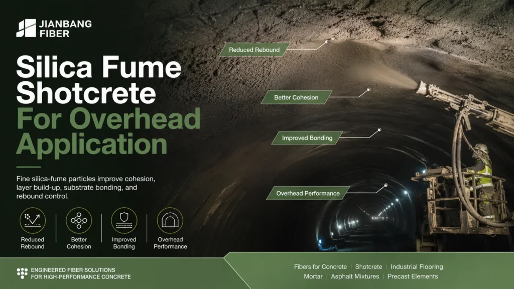 Silica fume shotcrete forms a cohesive layer on an overhead tunnel surface with reduced rebound.