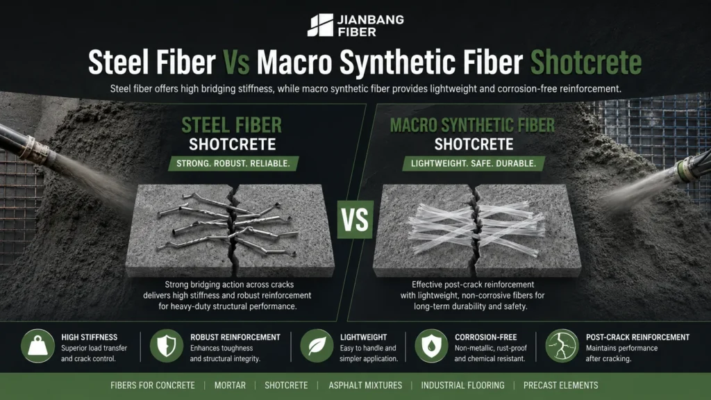 Steel fibers and macro synthetic fibers provide different post-crack reinforcement for shotcrete.