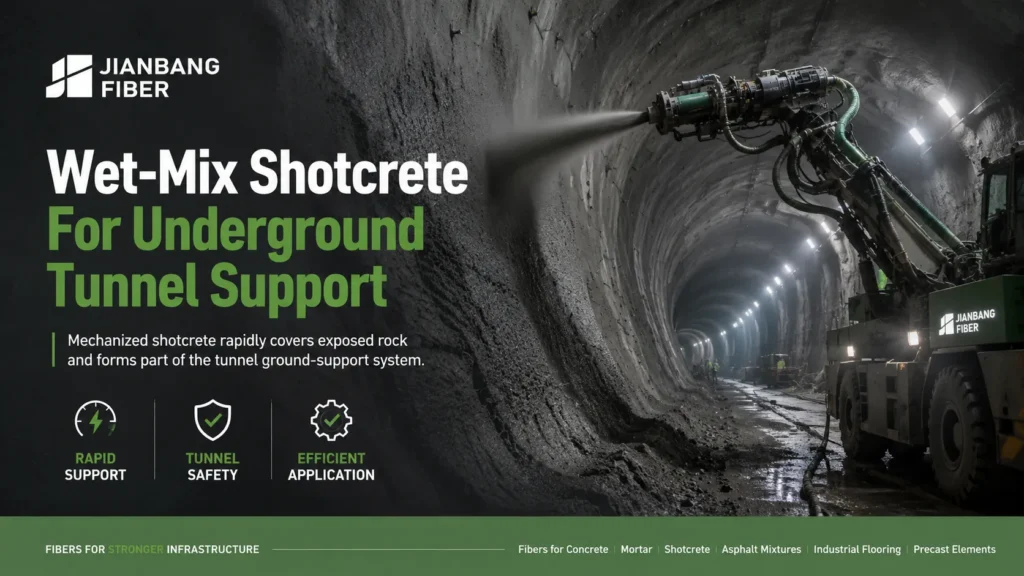 Robotic wet-mix shotcrete is applied to an underground tunnel surface for immediate ground support.