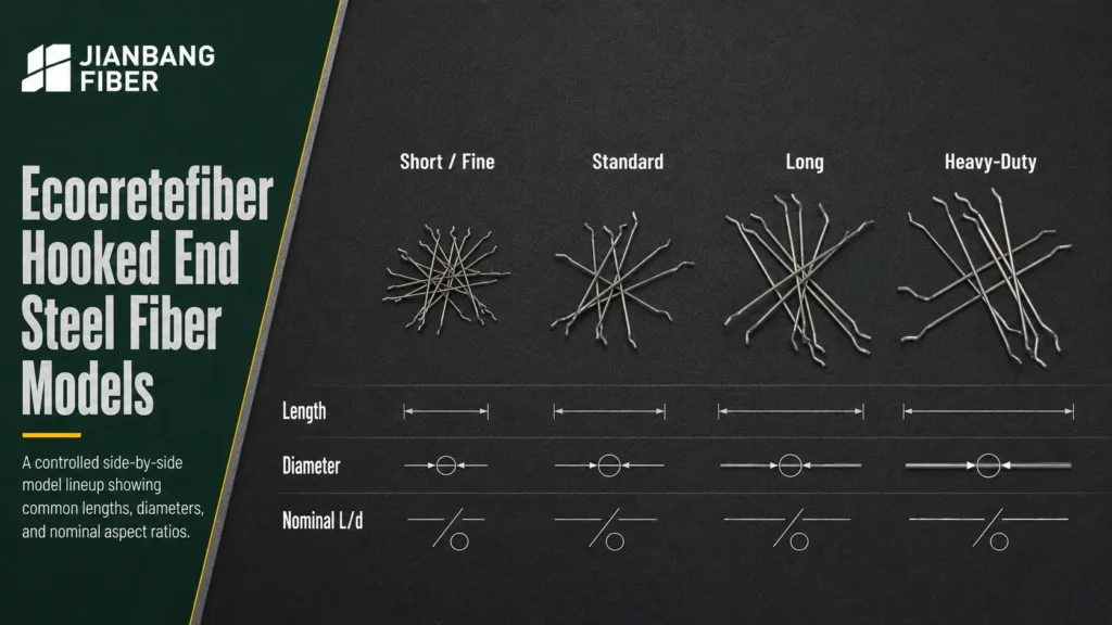 Ecocretefiber hooked end steel fiber models from 25 mm to 60 mm