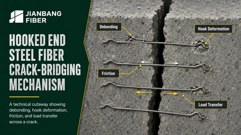 Hooked steel fiber crossing a concrete crack and resisting pull-out
