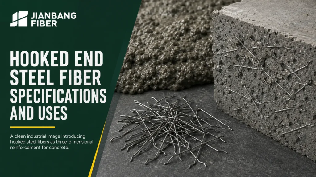 Hooked end steel fibers beside fresh concrete for industrial and infrastructure construction