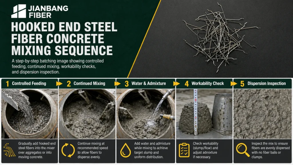 Hooked end steel fiber labeled with length, diameter, aspect ratio, and hook geometry