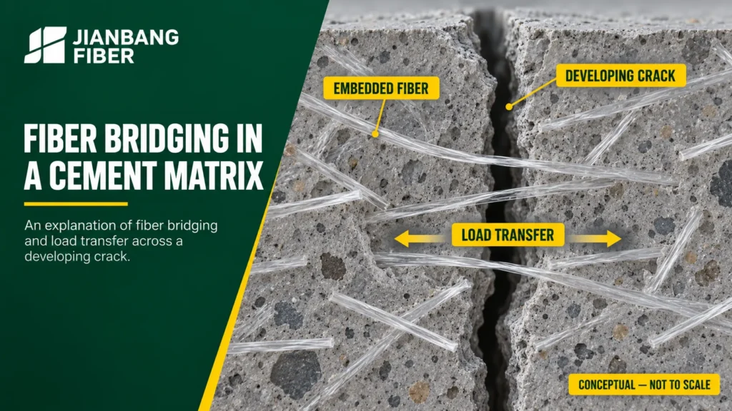 Conceptual cross section showing embedded glass fibers crossing a crack in a cement matrix.