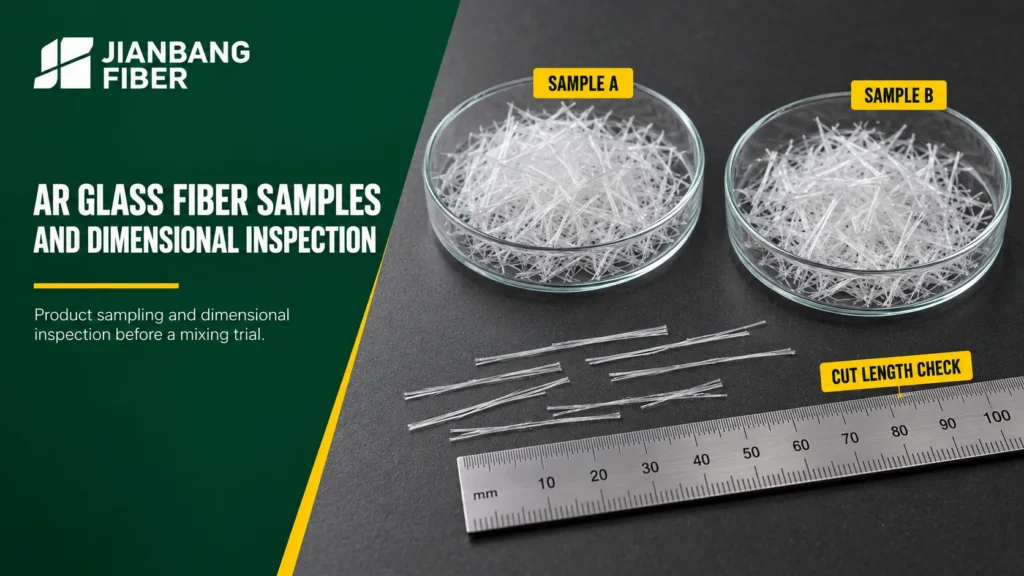 Labeled AR glass fiber samples beside a ruler used to check cut length.