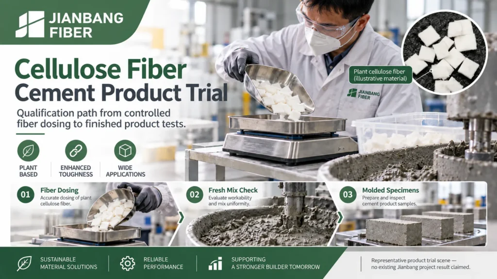 Concrete plant technician measuring cellulose fiber and checking fresh mix and molded test specimens.