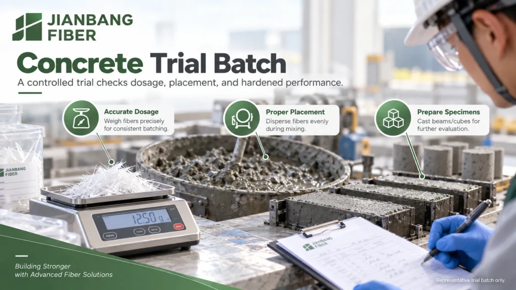 Technician weighing fiber and recording fresh concrete and beam specimens in a trial batch.