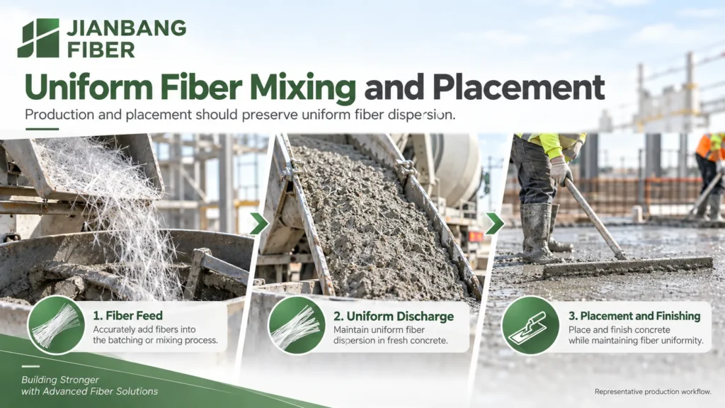 Ready-mix fiber feed, uniform discharge, and concrete finishing in three panels.