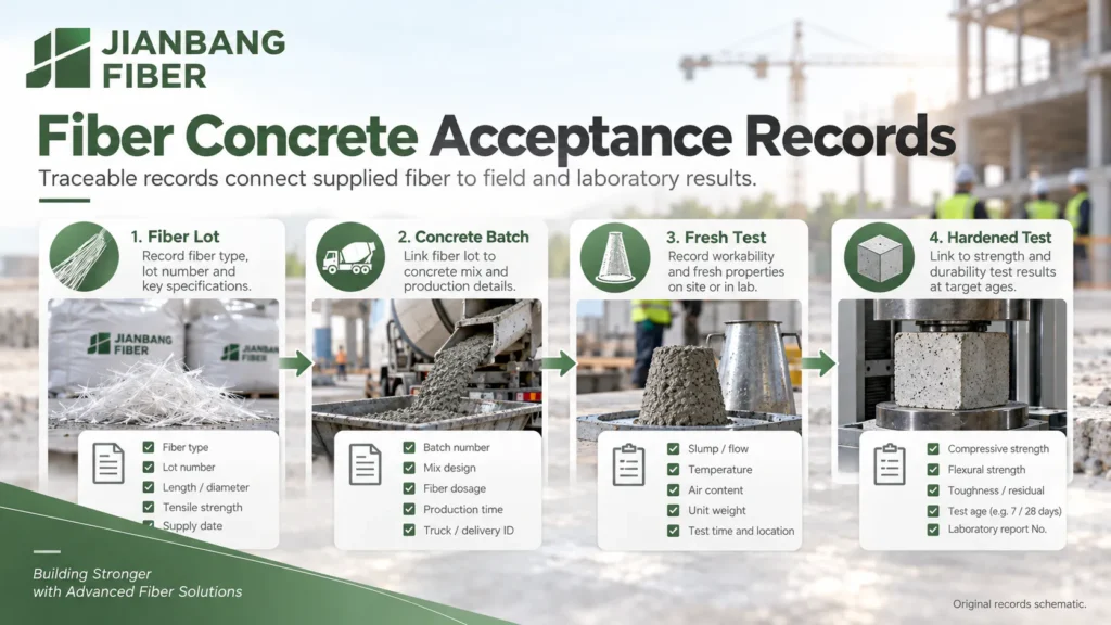 Checklist with fiber lot, concrete batch, fresh test, and hardened test linked.