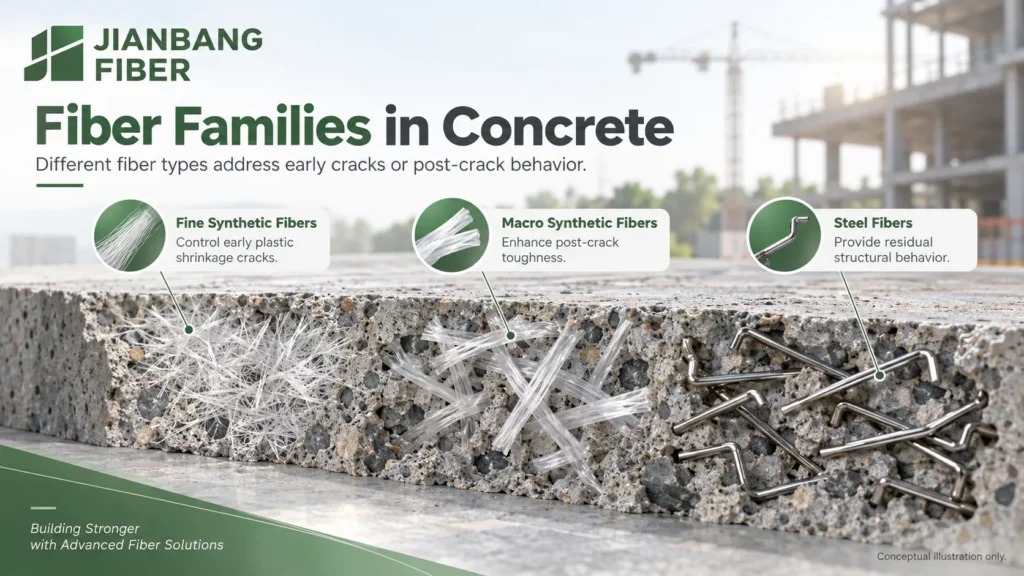 Labeled conceptual concrete cross section with fine synthetic, macro synthetic, and steel fibers.