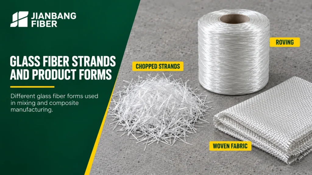 Chopped glass strands, a roving spool, and woven glass fabric arranged as separate samples.