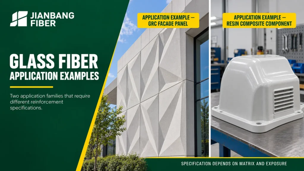 GRC facade panel and resin composite component shown in separate labeled photographs.