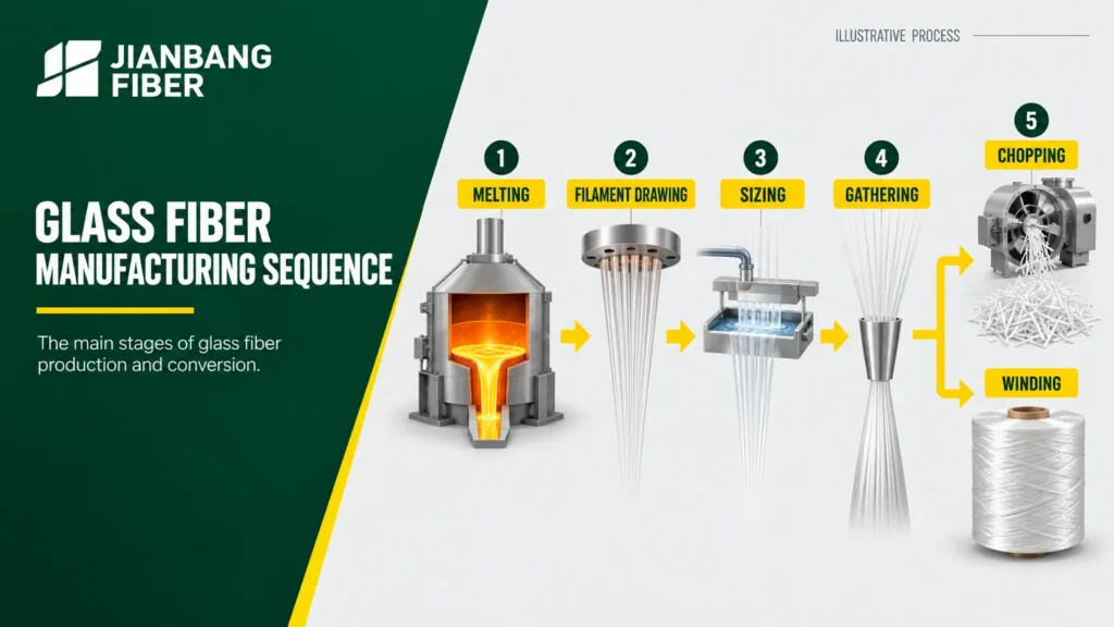 Process diagram showing melting, filament drawing, sizing, gathering, and chopping or winding.