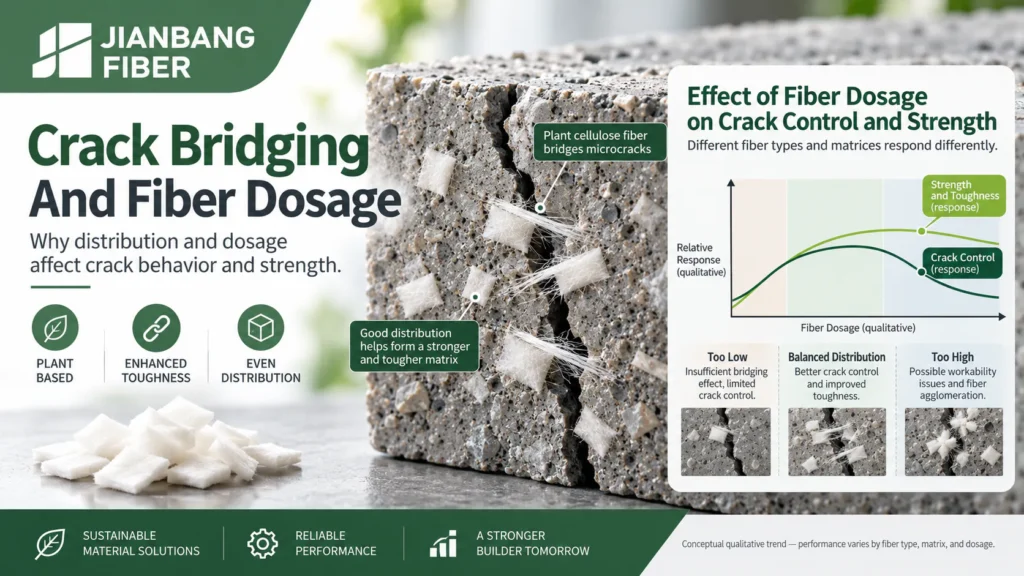 Diagram showing plant fibers across a small concrete crack and a conceptual strength response as dosage changes.