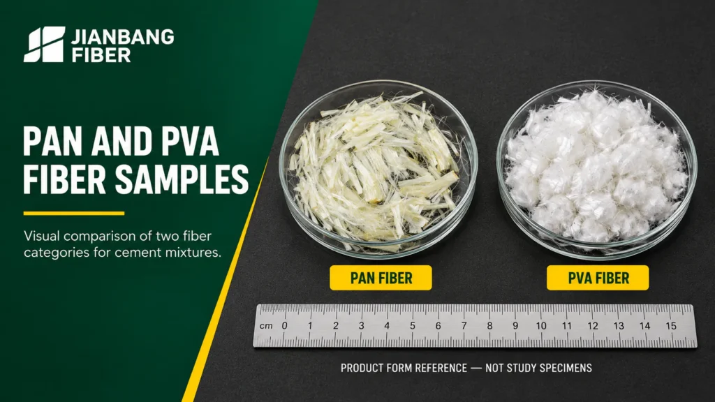 Labeled samples of PAN and PVA synthetic fibers beside a metric ruler.
