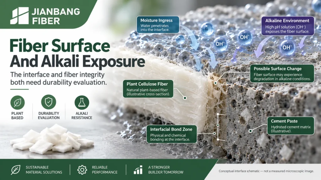 Conceptual cross section of a plant fiber surface bonded to cement paste during wet alkaline exposure.