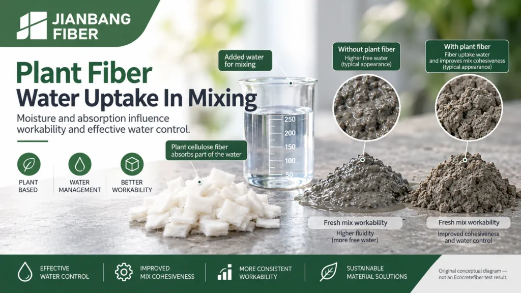 Plant fibers and measured water beside two comparable fresh cement mixes.
