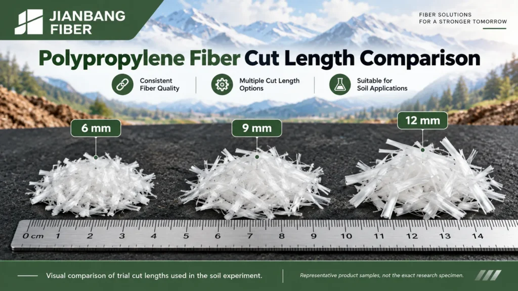 Labeled polypropylene fiber samples cut to six, nine and twelve millimeters beside a metric ruler.