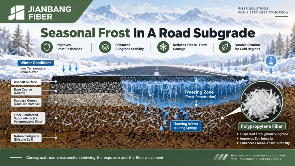 Cross section of a road subgrade with a freezing zone, thawing water and distributed polypropylene fibers.