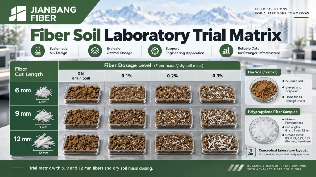 Dry soil and polypropylene fibers prepared at several dosage levels and cut lengths for a laboratory trial.