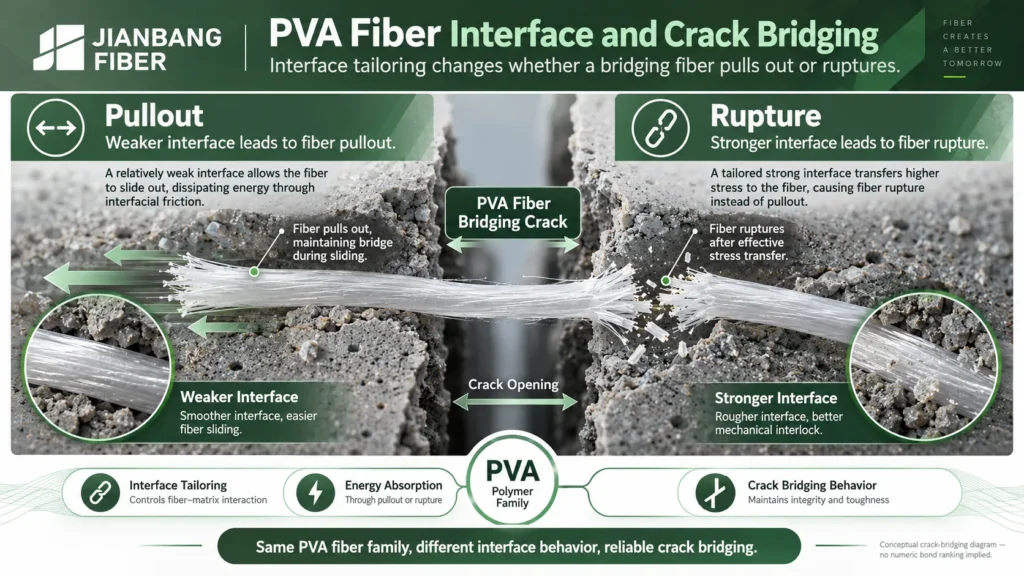 Schematic of a PVA fiber spanning a crack with contrasting pullout and rupture paths.