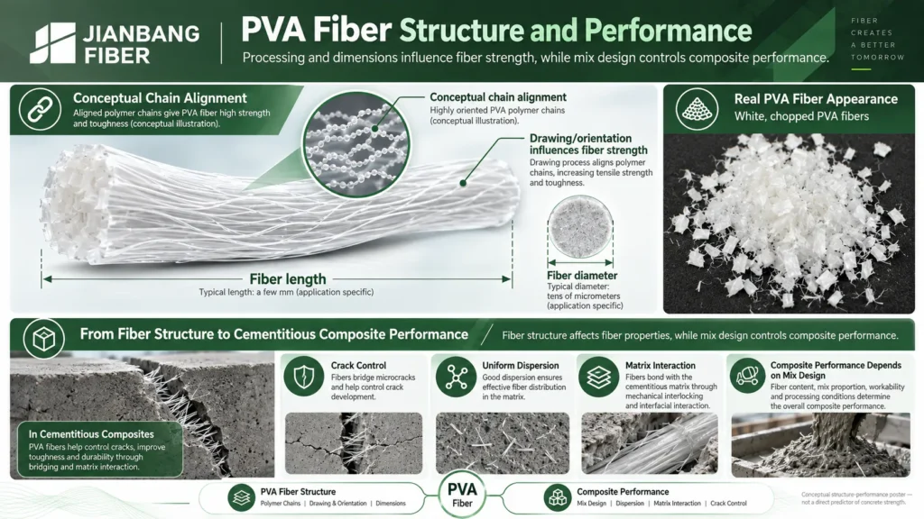 Conceptual aligned polymer chains in a drawn PVA fiber alongside length and diameter labels.