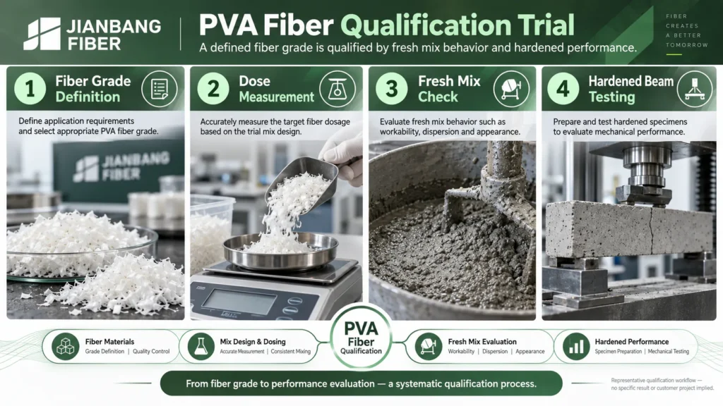 Technician measuring fiber dose, checking fresh mix, and testing hardened beams.