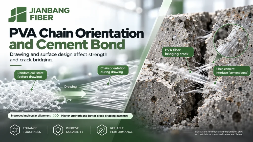 Conceptual PVA polymer chains aligning during drawing and a fiber crossing a cement crack.