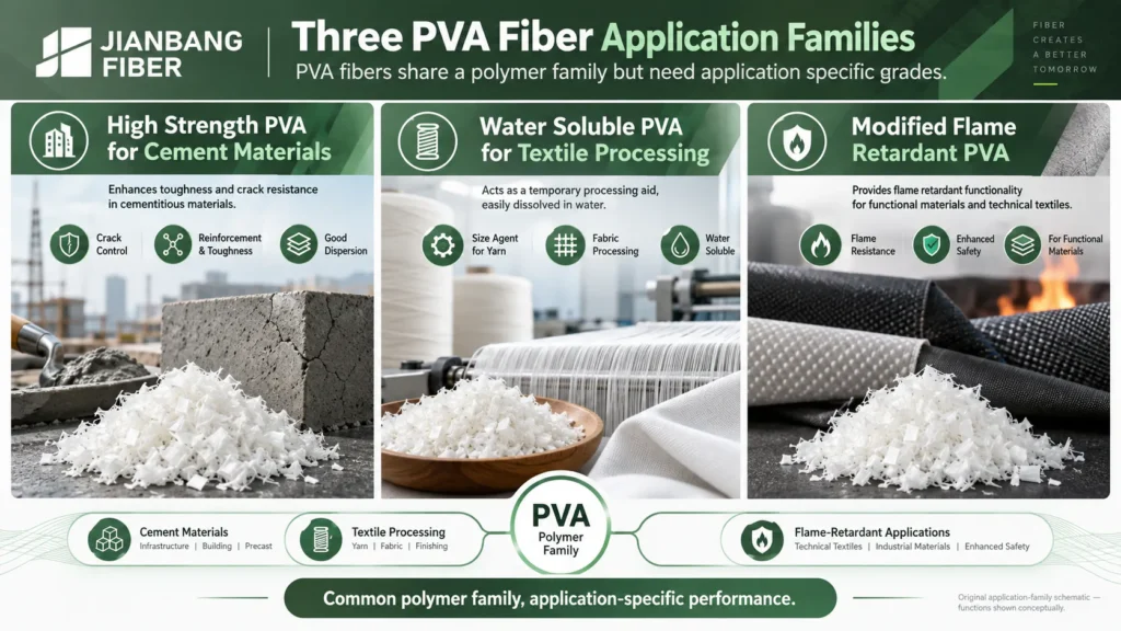 Diagram comparing high strength PVA for cement, water soluble PVA for textile processing, and modified flame retardant PVA.