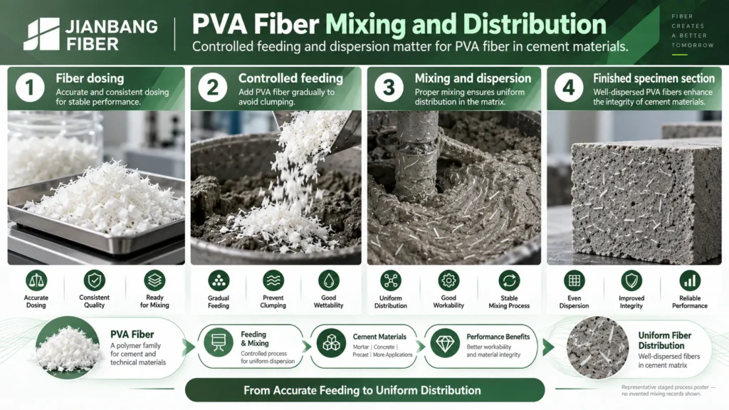 Measured PVA fibers beside a mortar mixing station and a finished specimen section.