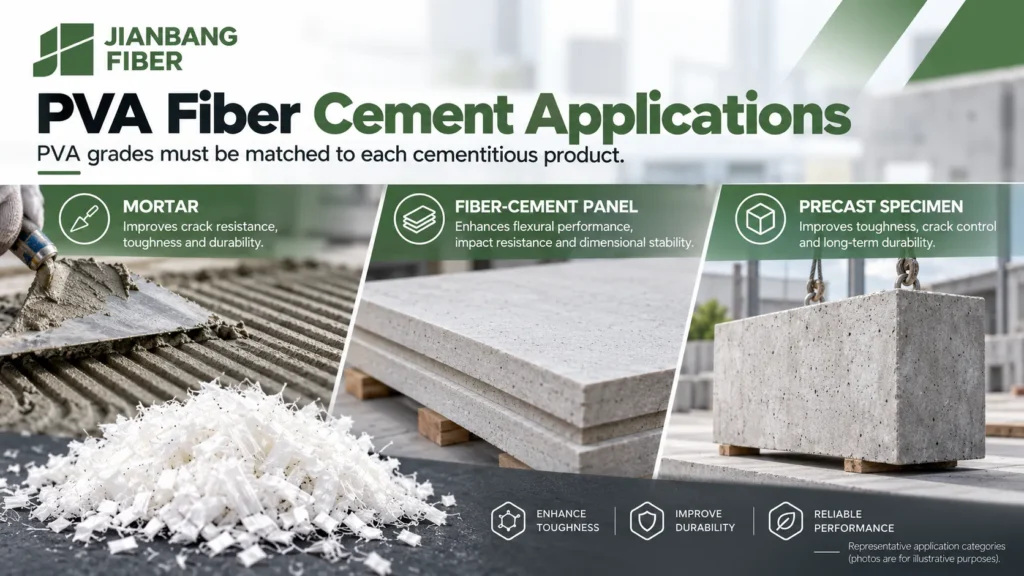Verified photographs of mortar, fiber-cement panel, and precast specimen as separate applications.