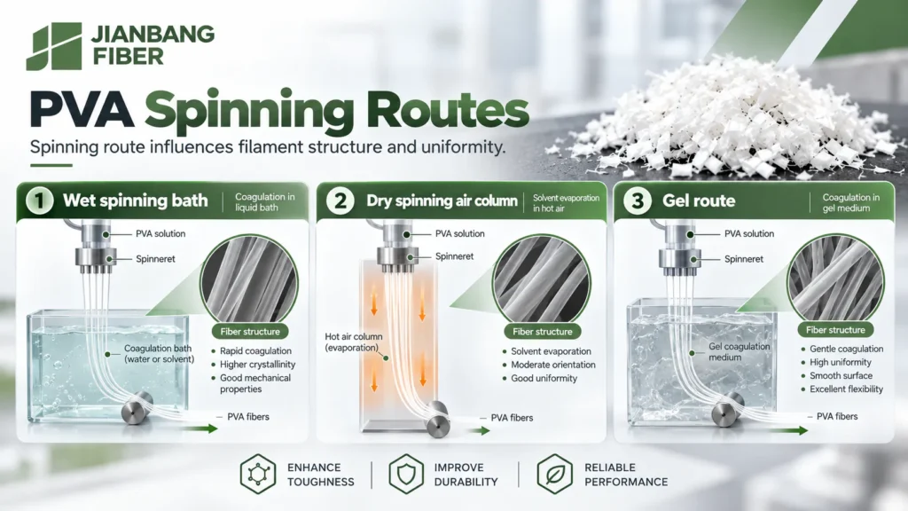 Three labeled sketches comparing wet spinning bath, dry spinning air column, and gel route.