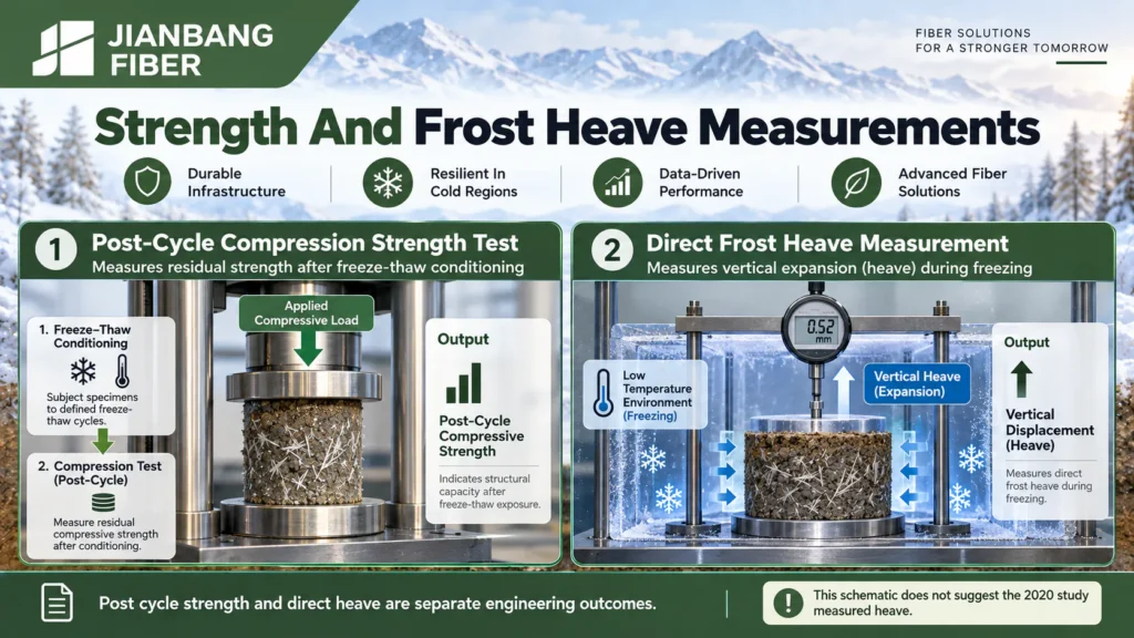 Two diagrams distinguish compression testing after freeze thaw from direct frost heave measurement.