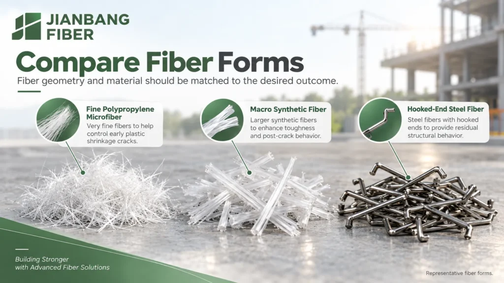 Verified samples of fine polypropylene, macro synthetic, and hooked-end steel fibers on a neutral surface.