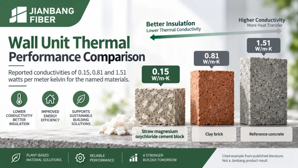 Comparison chart for a specific straw magnesium oxychloride block, clay brick and reference concrete.