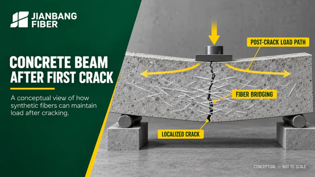 Concrete beam under bending with a localized crack crossed by embedded fibers