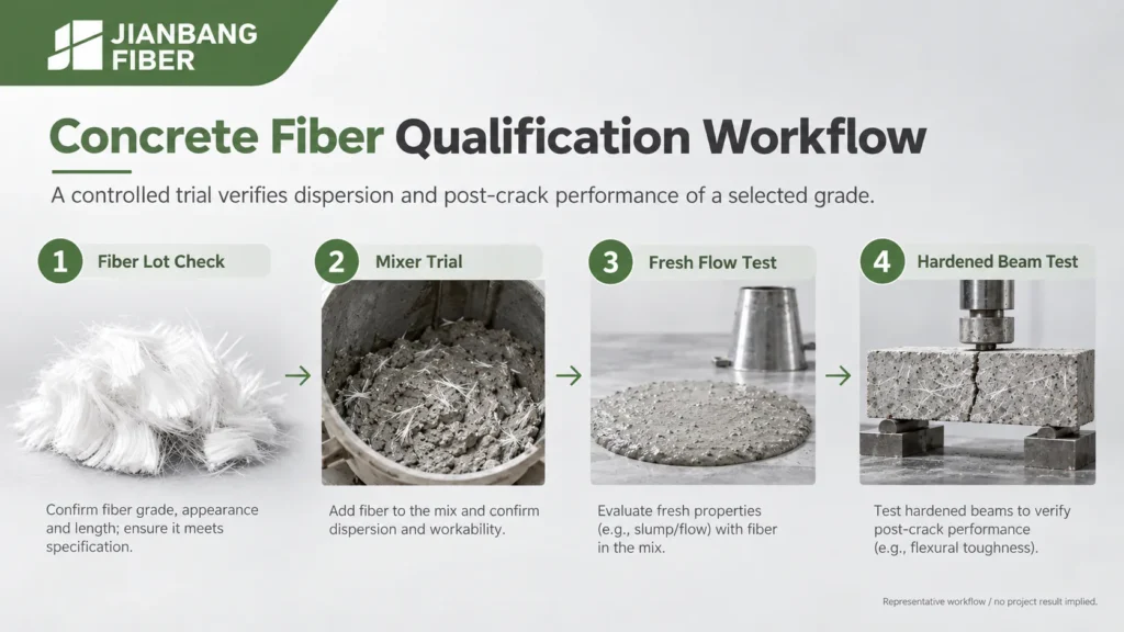 Sequence of fiber lot check, mixer trial, fresh flow test, and hardened beam test.
