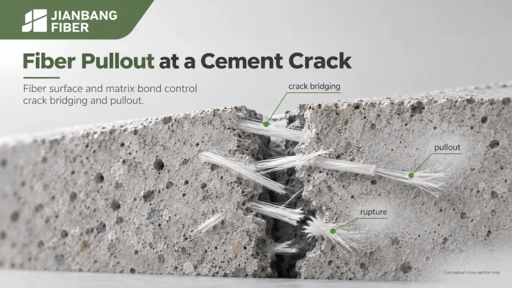 Schematic of short UHMWPE fibers bridging a crack and either pulling out or rupturing.