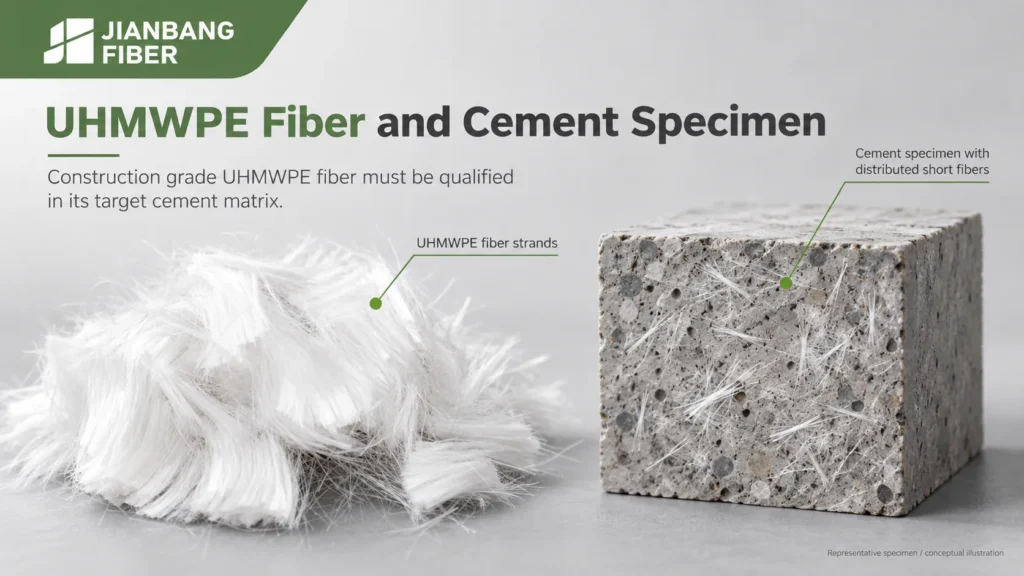 White UHMWPE fiber strands beside a cut cement specimen showing distributed short fibers.