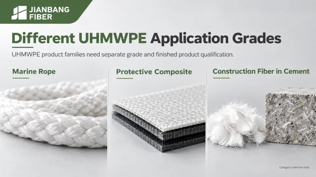 Three separate panels showing marine rope, protective composite, and construction fiber in cement.