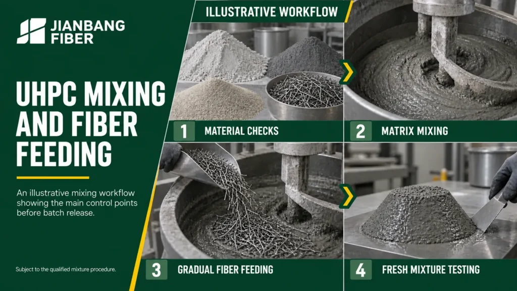 Diagram of material checks, matrix mixing, gradual fiber feeding, and fresh mixture testing.