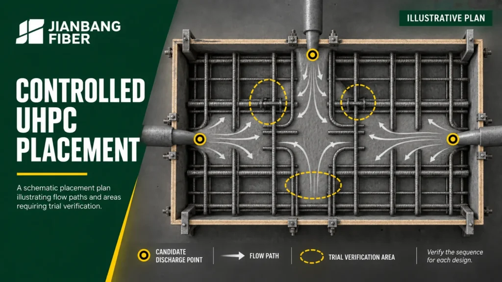 Plan view showing UHPC discharge points and flow around reinforcing bars.