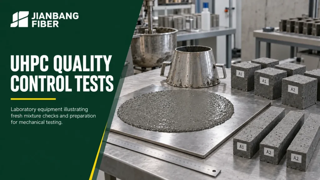 UHPC flow testing equipment beside labeled concrete test specimens.
