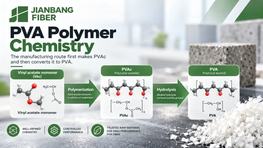 Simplified diagram showing vinyl acetate polymerization to PVAc and hydrolysis to PVA.