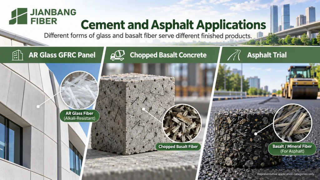 AR glass GFRC panel, chopped basalt concrete specimen, and asphalt trial in separate panels.