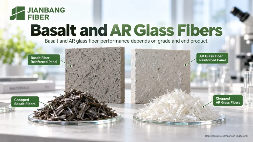 Dark chopped basalt fibers and pale AR glass fibers beside labeled concrete panel samples.