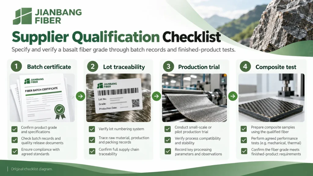 Certificat de lot de fibres, traçabilité des lots, essai de production et liste de contrôle des essais sur les composites.