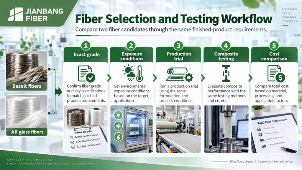 Workflow showing exact grade, exposure, production trial, composite testing, and cost comparison.