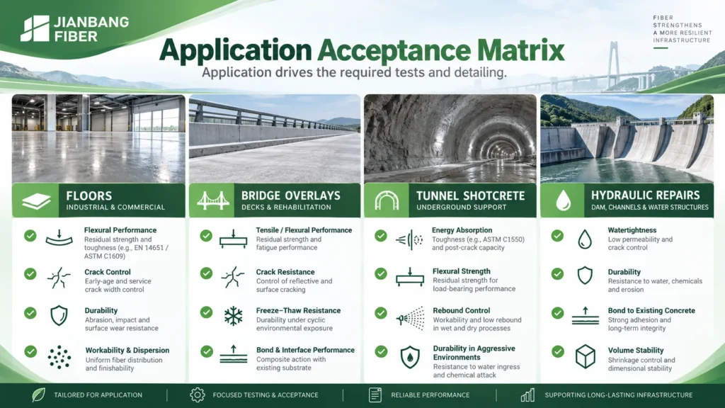 Floors, bridge overlays, tunnel shotcrete, and hydraulic repairs with their different qualification checks.