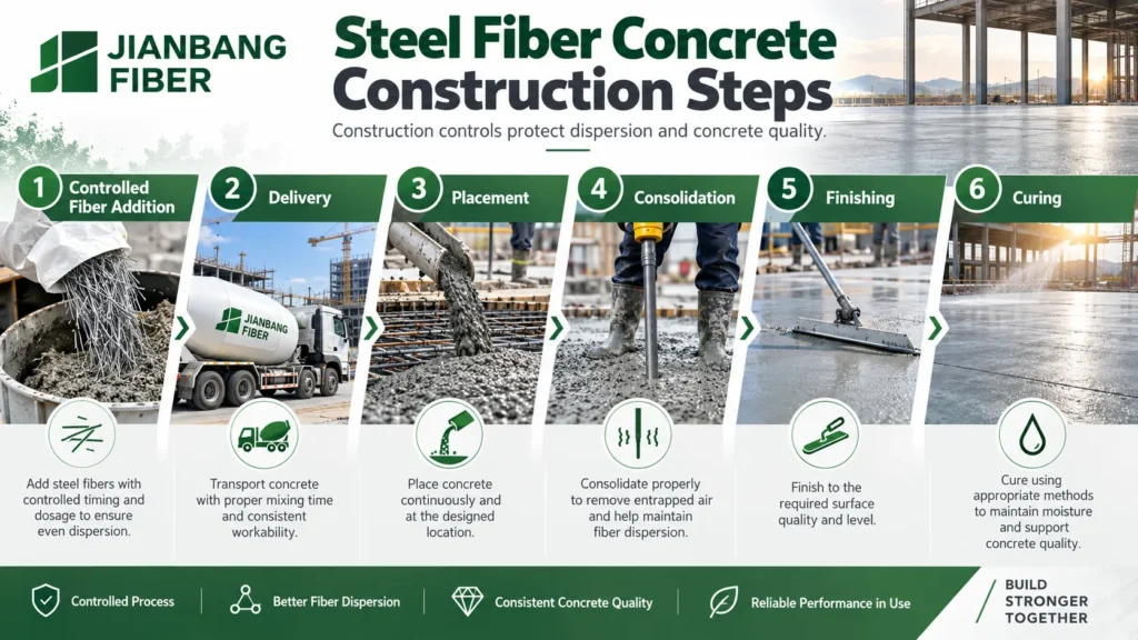 Controlled fiber addition, delivery, placement, consolidation, finishing, and curing.